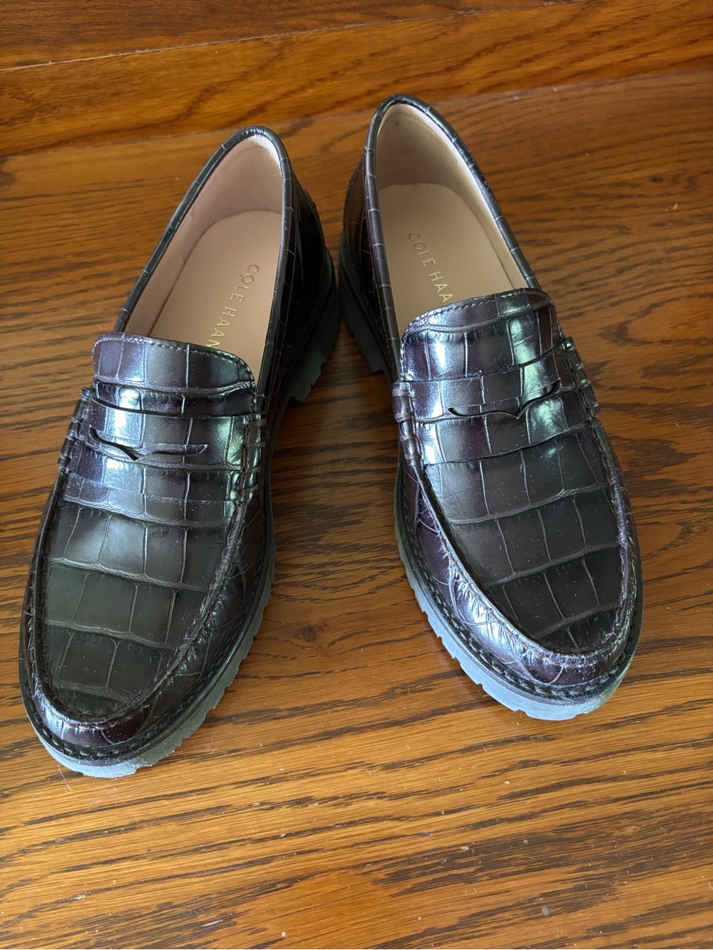 Cole Haan Women’s Croc-Embossed Penny Loafers in Dark Brown Size 5